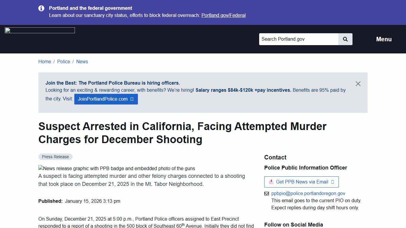 Suspect Arrested in California, Facing Attempted Murder Charges for December Shooting Portland.gov