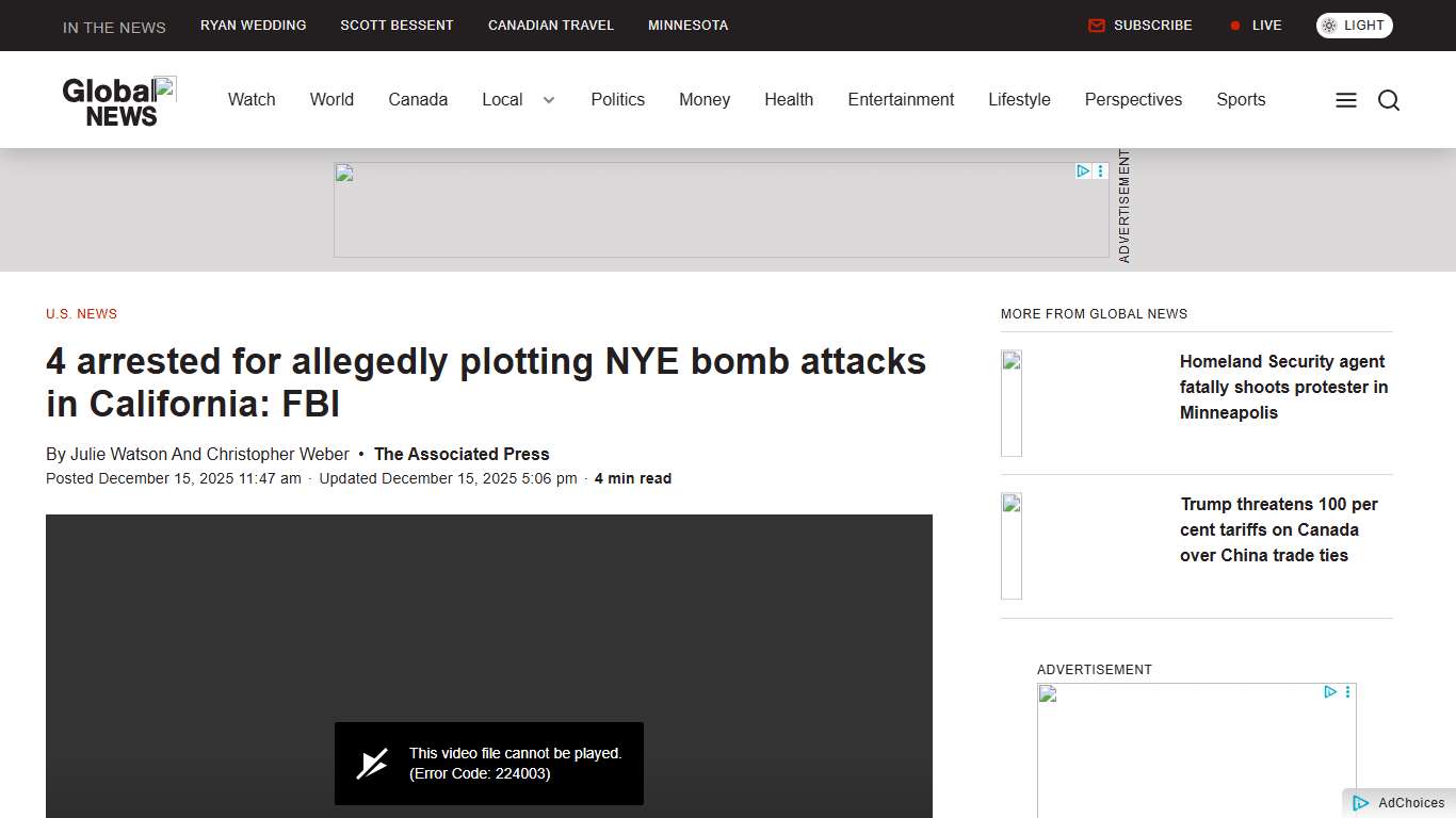 4 arrested for allegedly plotting NYE bomb attacks in California: FBI - National Globalnews.ca